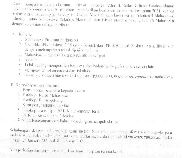 Beasiswa dari Keluarga (Alm H. Dollar Barlianto Harahap)