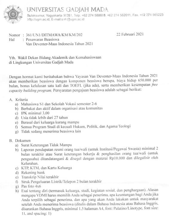 Penawaran Beasiswa Van Deventer-mas Indonesia tahun 2021