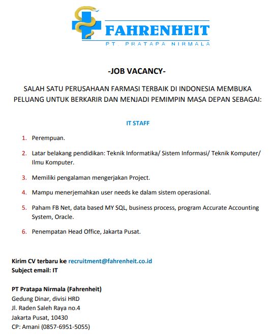 Lowongan Kerja PT Pratapa Nirmala (Fahrenheit)