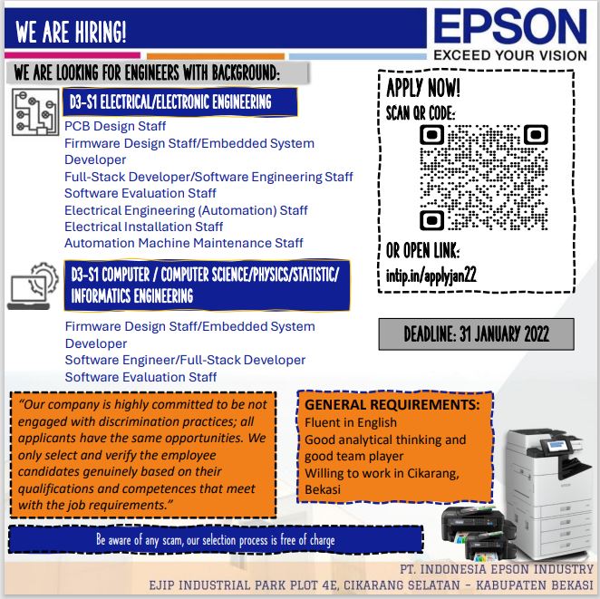 Kesempatan berkarier di PT. INDONESIA EPSON INDUSTRY