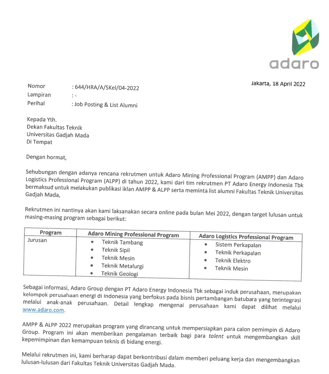 Kesempatan berkarier pada PT. Adaro Energy Indonesia Tbk