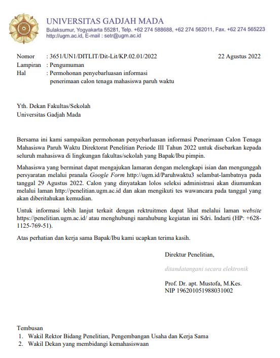 Penerimaan Rekrutmen Tenaga Mahasiswa Paruh Waktu Periode III Tahun 2022 Direktorat Penelitian Universitas Gadjah Mada