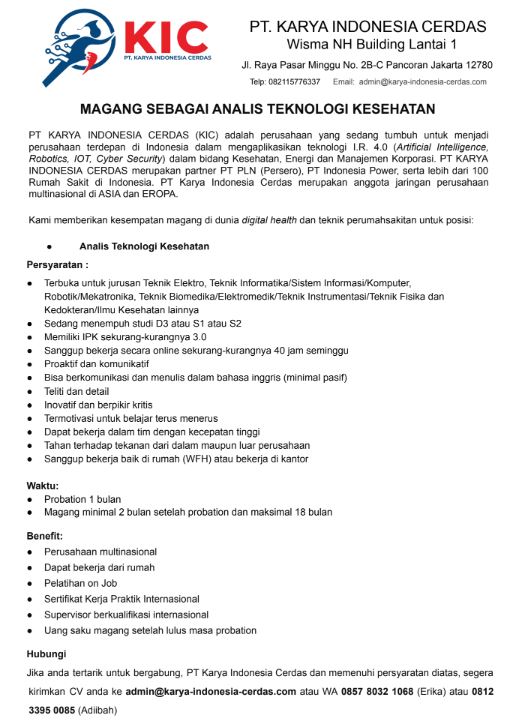 Kesempatan Magang di PT. Karya Indonesia Cerdas (KCI)