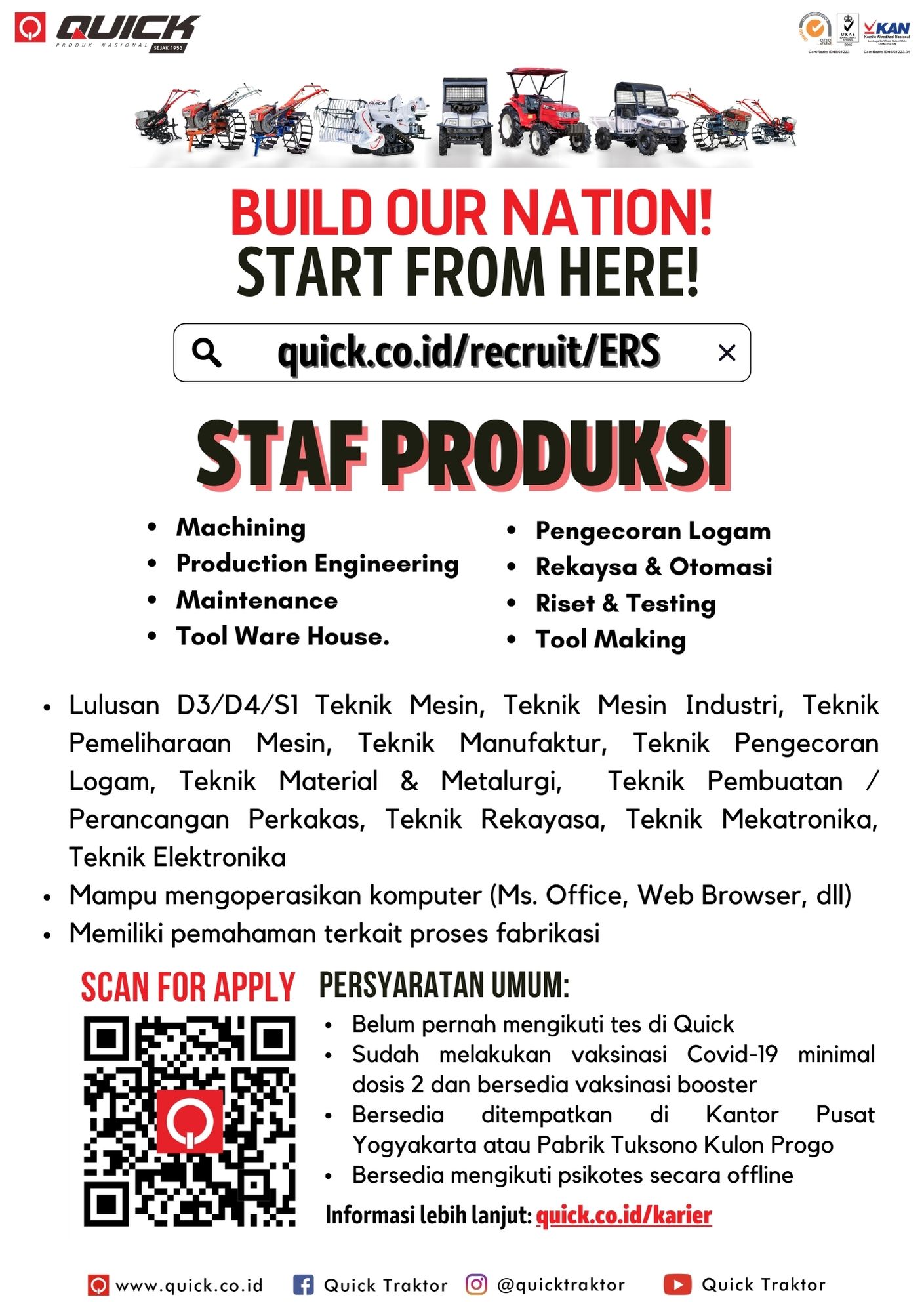 Kesempatan berkarier di CV Karya Hidup Sentosa (Quick Traktor)